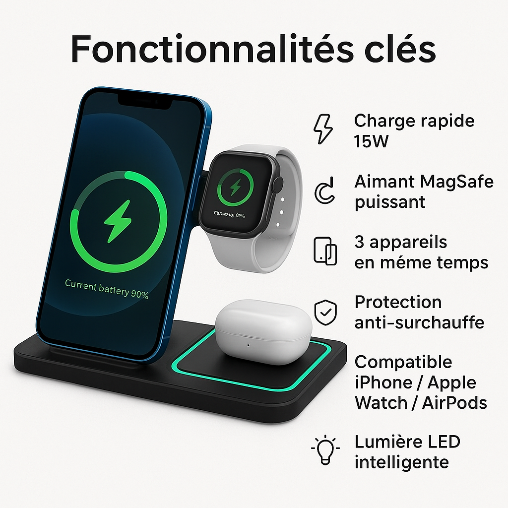 Station de Charge Sans Fil 3-en-1™ – iPhone, Apple Watch & AirPods – Paiement à la livraison