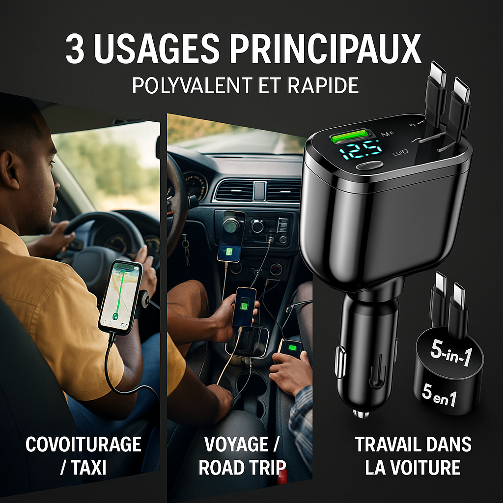 Chargeur de Voiture 5-en-1 M4 – Charge Rapide PD/QC, 2 Câbles Intégrés (iPhone + Android), Ports USB Multiples & Affichage LED