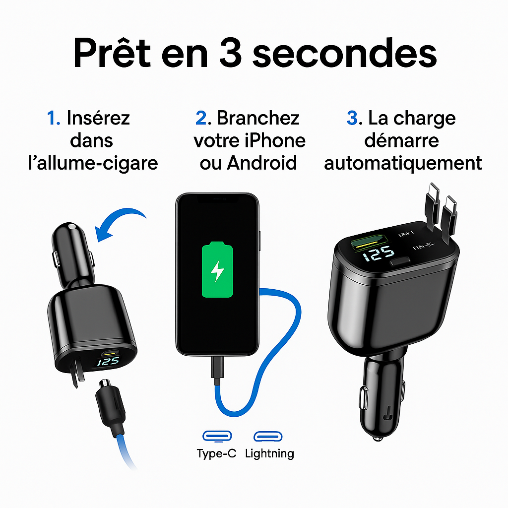Chargeur de Voiture 5-en-1 M4 – Charge Rapide PD/QC, 2 Câbles Intégrés (iPhone + Android), Ports USB Multiples & Affichage LED