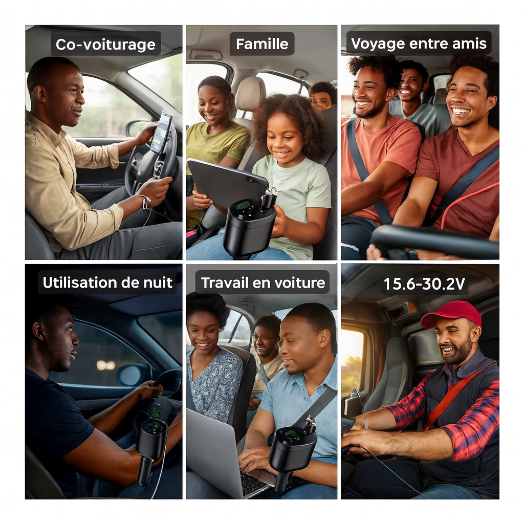 Chargeur de Voiture 5-en-1 M4 – Charge Rapide PD/QC, 2 Câbles Intégrés (iPhone + Android), Ports USB Multiples & Affichage LED