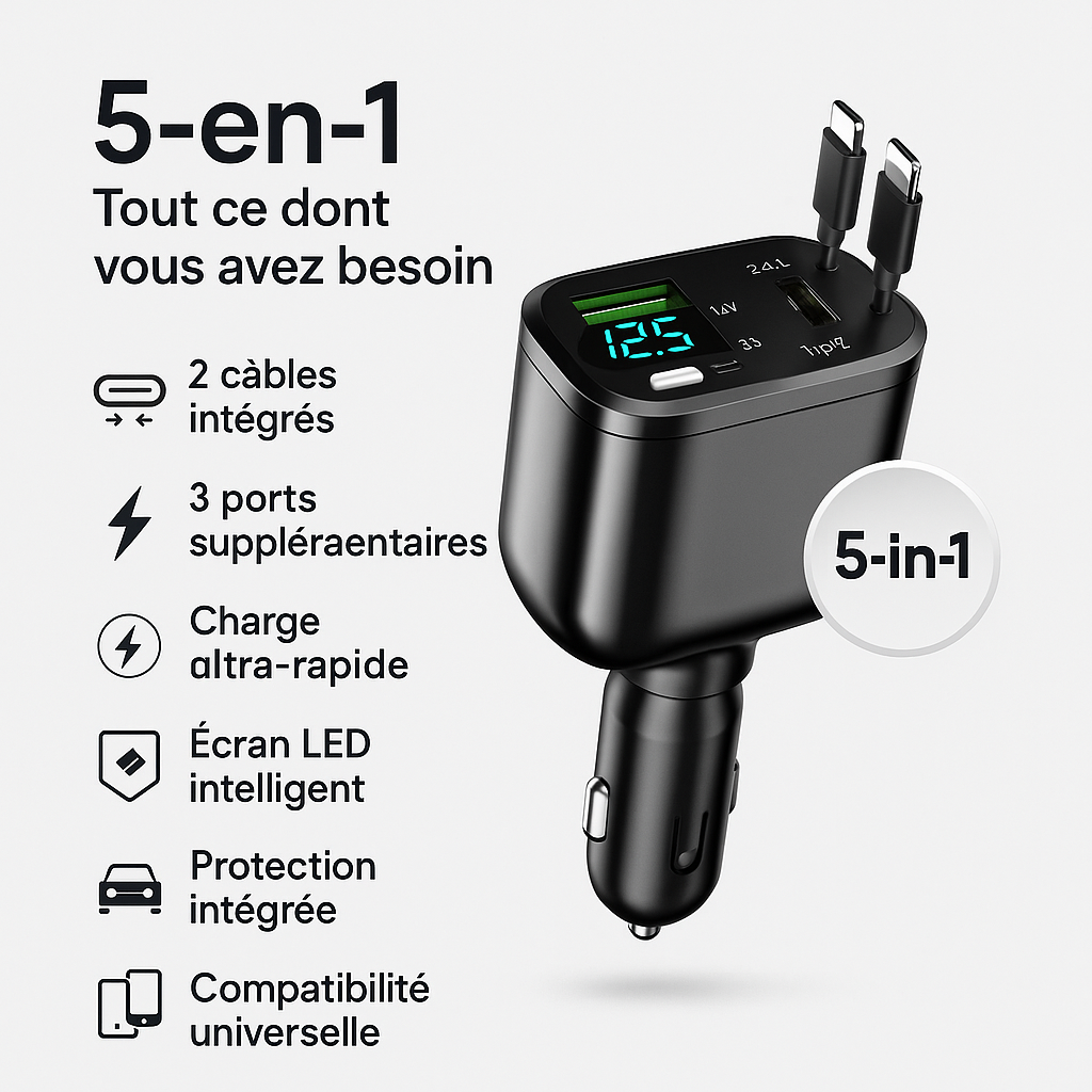 Chargeur de Voiture 5-en-1 M4 – Charge Rapide PD/QC, 2 Câbles Intégrés (iPhone + Android), Ports USB Multiples & Affichage LED