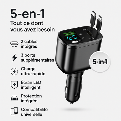 Chargeur de Voiture 5-en-1 M4 – Charge Rapide PD/QC, 2 Câbles Intégrés (iPhone + Android), Ports USB Multiples & Affichage LED