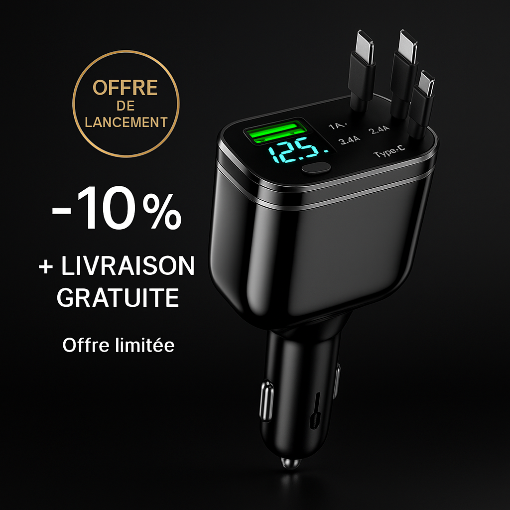 Chargeur de Voiture 5-en-1 M4 – Charge Rapide PD/QC, 2 Câbles Intégrés (iPhone + Android), Ports USB Multiples & Affichage LED