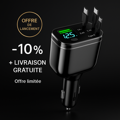 Chargeur de Voiture 5-en-1 M4 – Charge Rapide PD/QC, 2 Câbles Intégrés (iPhone + Android), Ports USB Multiples & Affichage LED