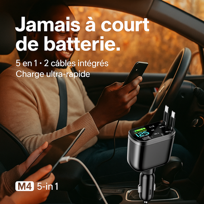Chargeur de Voiture 5-en-1 M4 – Charge Rapide PD/QC, 2 Câbles Intégrés (iPhone + Android), Ports USB Multiples & Affichage LED